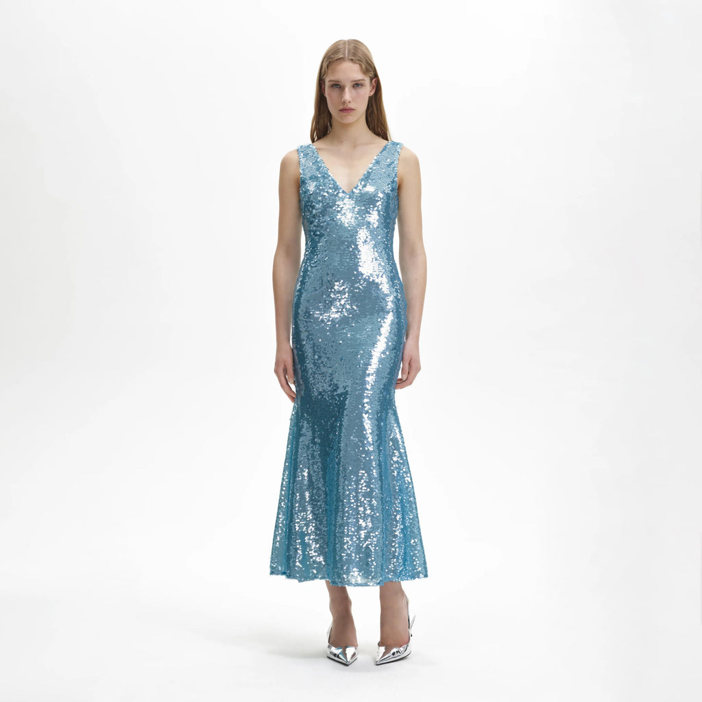 RENT Self Portrait Blue Sequin V Neck Maxi (RRP £440) - Rent Now from One Hit Wonders