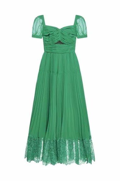 self portrait bright green chiffon cut out midi dress SELF-PORTRAIT Corded Lace-Trimmed Cutout Pleated Chiffon Midi Dress