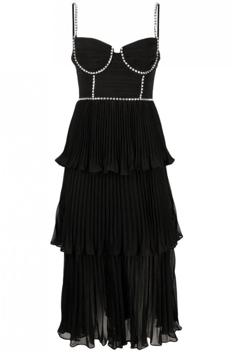 self portrait bustier tiered chiffon midi dress Self-Portrait Black Chiffon Tiered Midi Dress | Black