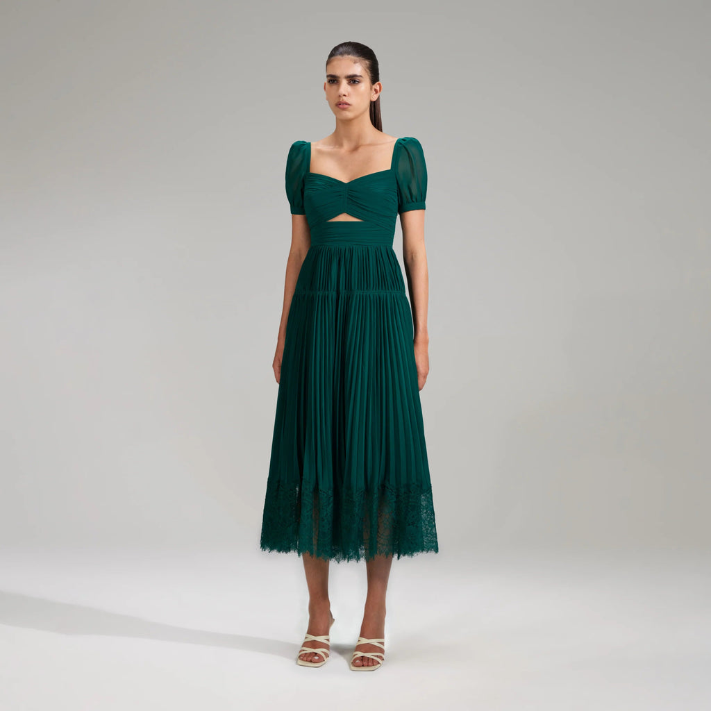 RENT Self Portrait Deep Green Chiffon Midi Dress (RRP £330) - Rent Now from One Hit Wonders