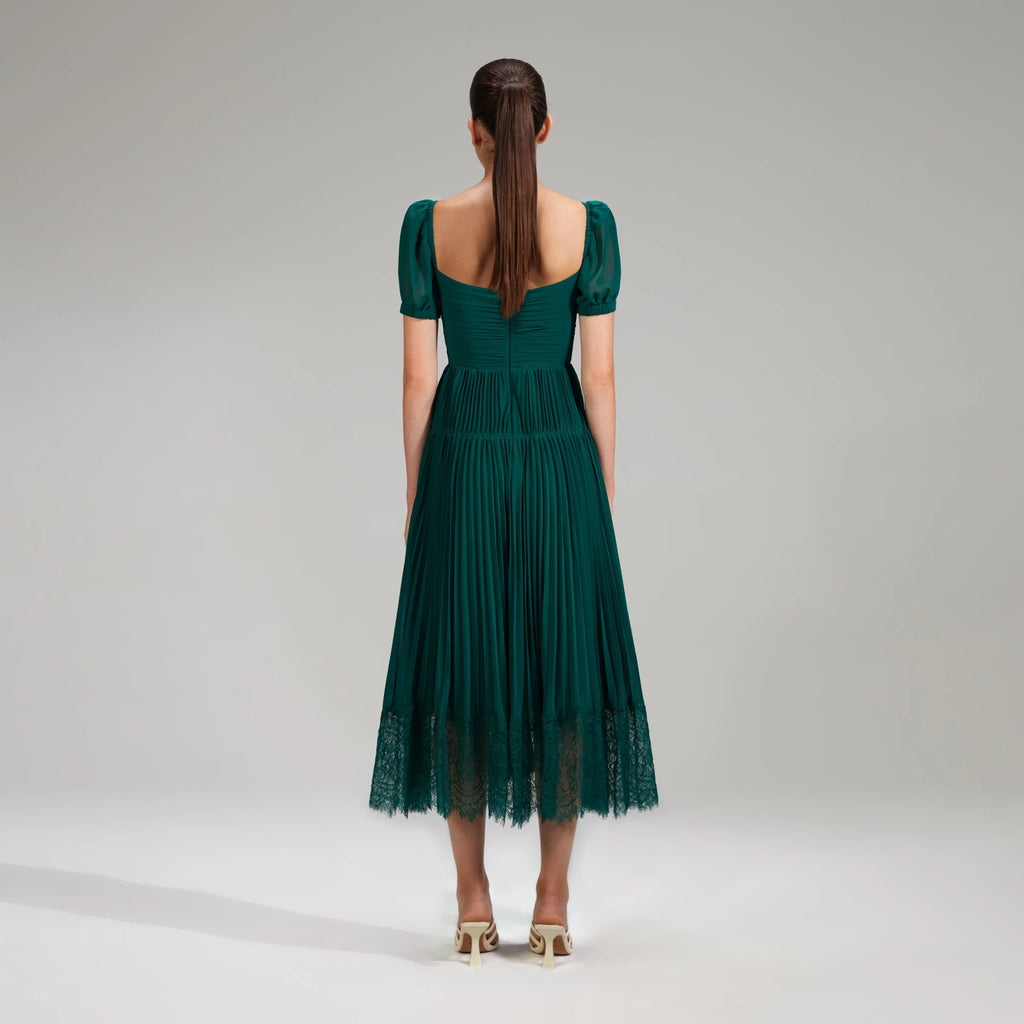 RENT Self Portrait Deep Green Chiffon Midi Dress (RRP £330) - Rent Now from One Hit Wonders