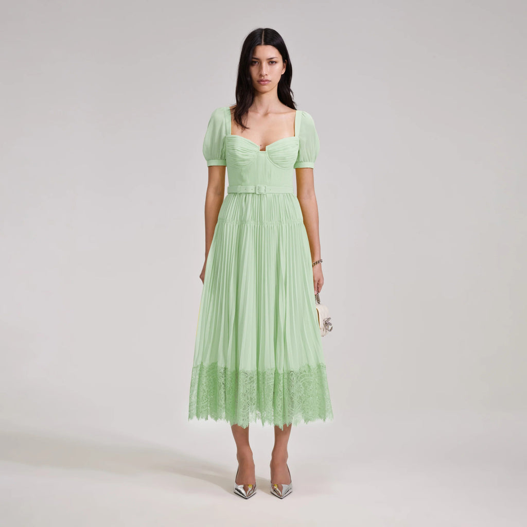 RENT Self Portrait Green Chiffon Lace Detail Midi Dress (RRP £360) - Rent Now from One Hit Wonders