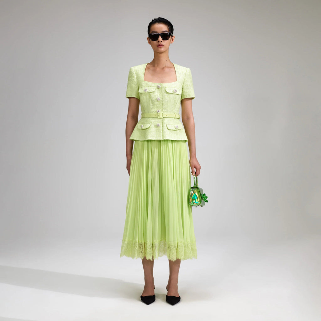 Rent RENT Self Portrait Lime Boucle Chiffon Midi Dress (RRP £420) – designer dress hire in UK sizes 8–16 from One Hit Wonders