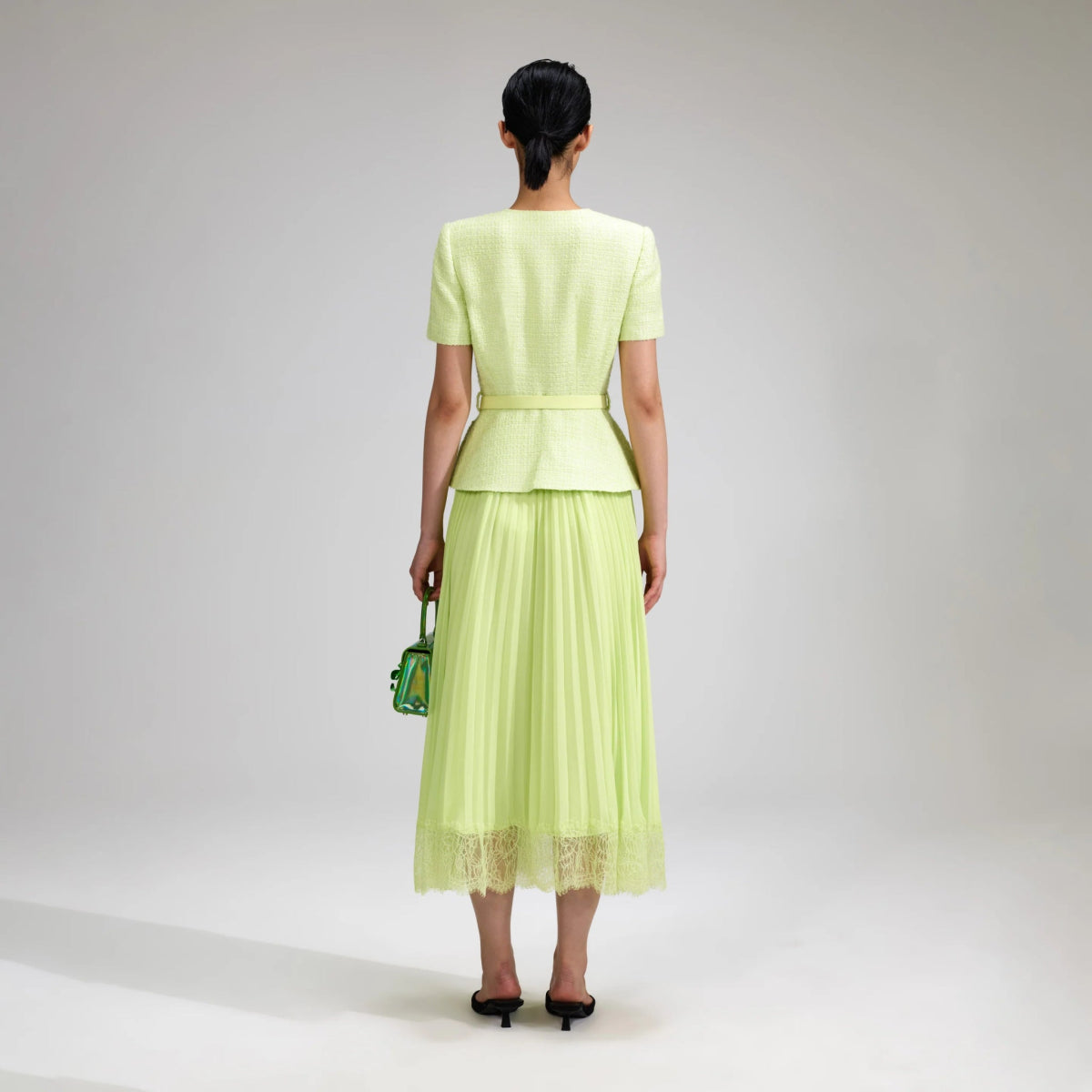 RENT Self Portrait Lime Boucle Chiffon Midi Dress (RRP £420)