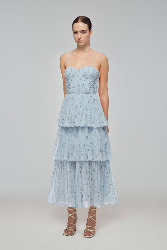Rent RENT Self Portrait Metallic Floral Tiered Midi Dress (RRP £350) – designer dress hire in UK sizes 8–16 from One Hit Wonders