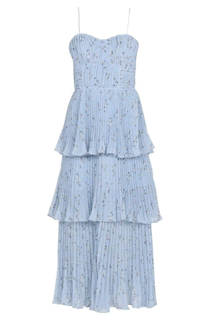Rent RENT Self Portrait Metallic Floral Tiered Midi Dress (RRP £350) – designer dress hire in UK sizes 8–16 from One Hit Wonders