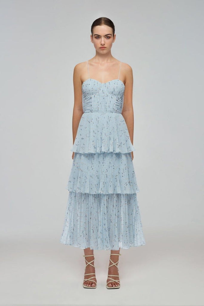 Rent RENT Self Portrait Metallic Floral Tiered Midi Dress (RRP £350) – designer dress hire in UK sizes 8–16 from One Hit Wonders