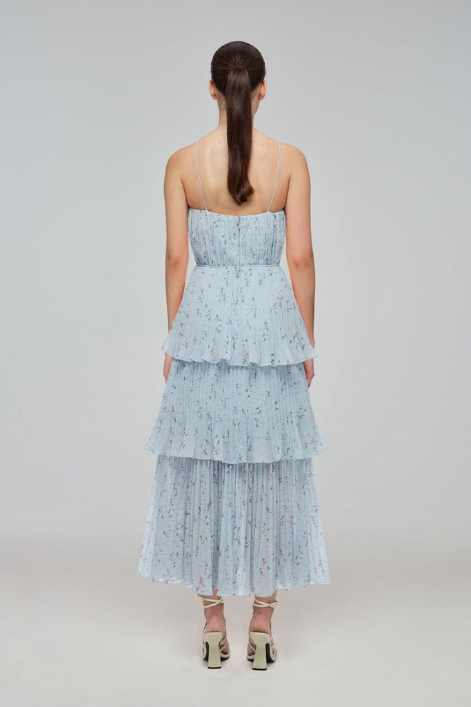 Rent RENT Self Portrait Metallic Floral Tiered Midi Dress (RRP £350) – designer dress hire in UK sizes 8–16 from One Hit Wonders
