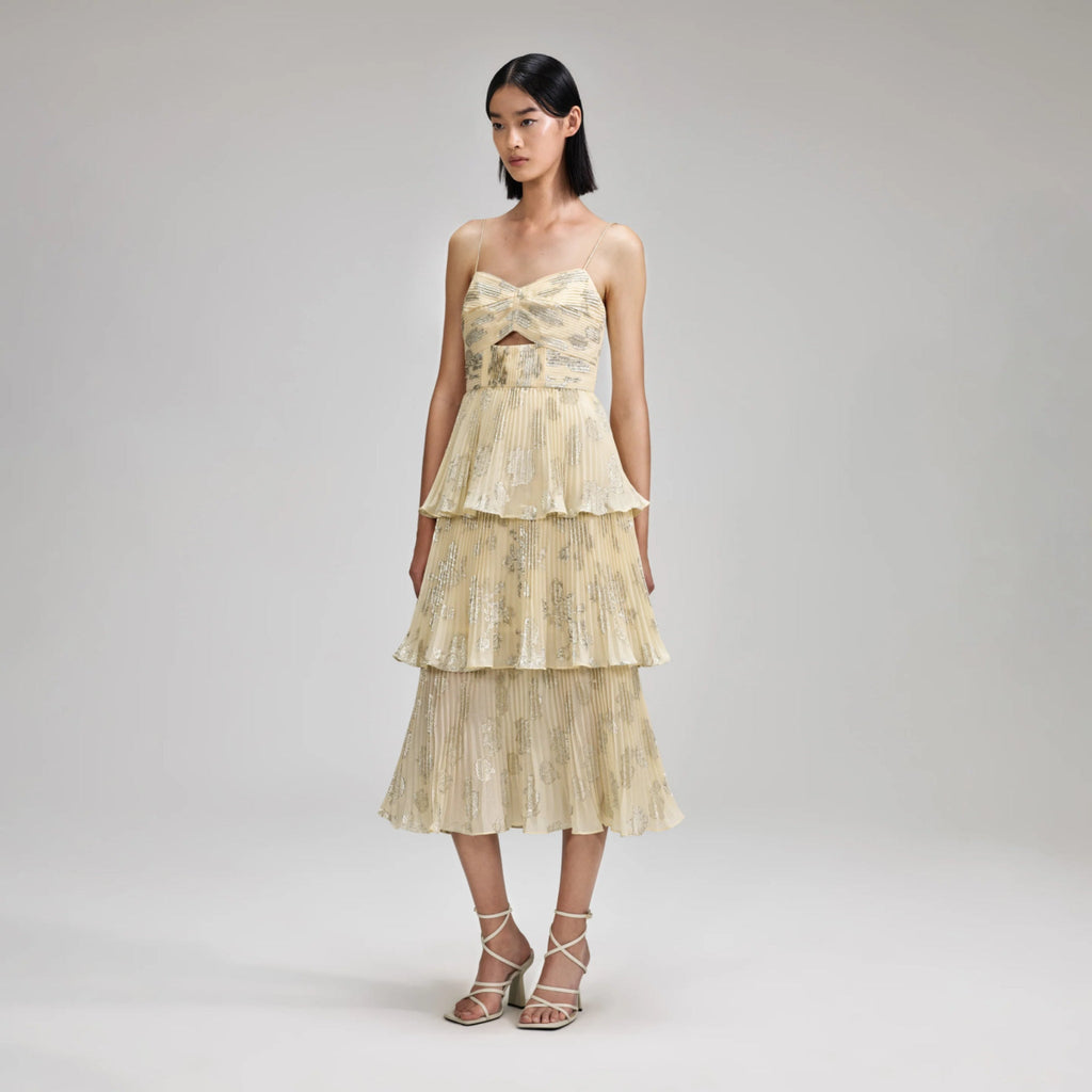 Rent RENT Self Portrait Metallic Jacquard Midi Dress (RRP £420) – designer dress hire in UK sizes 8–16 from One Hit Wonders