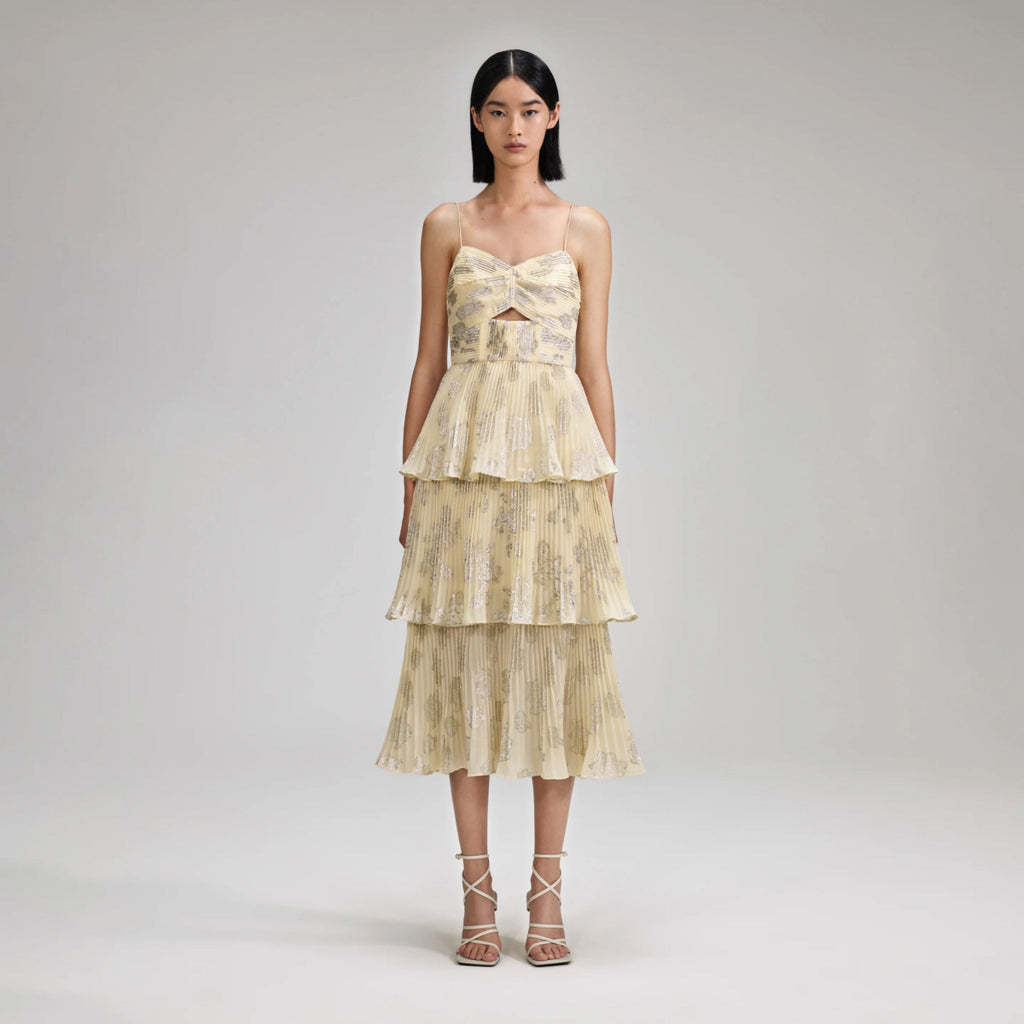 Rent RENT Self Portrait Metallic Jacquard Midi Dress (RRP £420) – designer dress hire in UK sizes 8–16 from One Hit Wonders