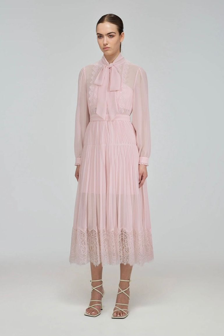 RENT Self Portrait Pale Pink Chiffon Trimmed Midi Dress (RRP £320)