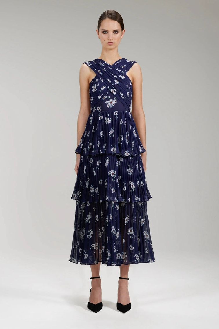 self-portrait tiered floral-print chiffon midi dress Yellow Chiffon Tiered Midi Dress self-portrait-US
