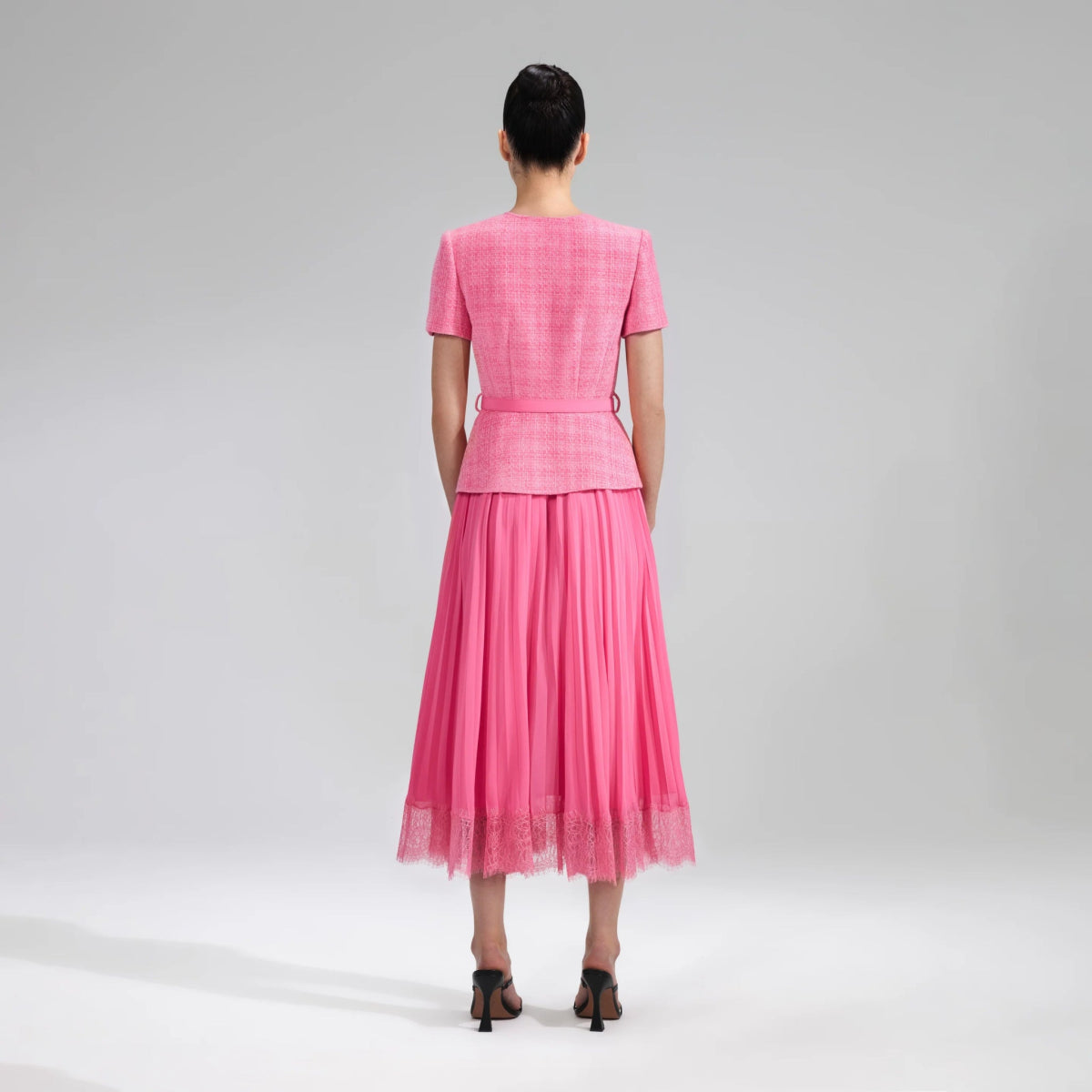 self portrait pink boucle midi dress Boucle Chiffon Midi Dress