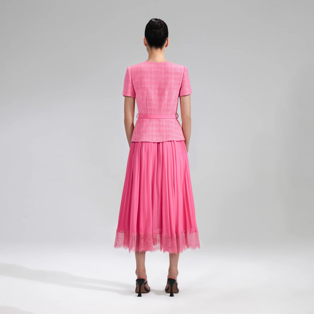 RENT Self Portrait Pink Boucle Chiffon Midi Dress (RRP £420) - Rent Now from One Hit Wonders