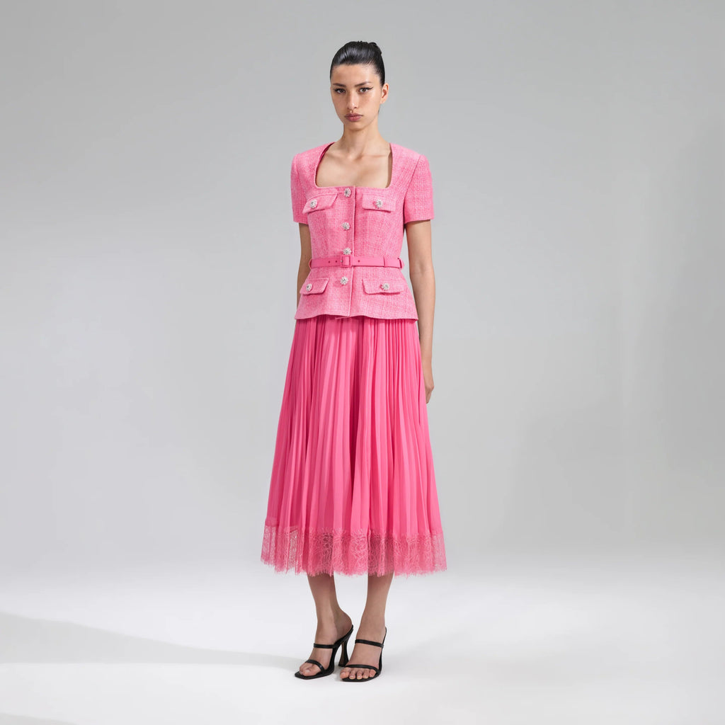 RENT Self Portrait Pink Boucle Chiffon Midi Dress (RRP £420) - Rent Now from One Hit Wonders