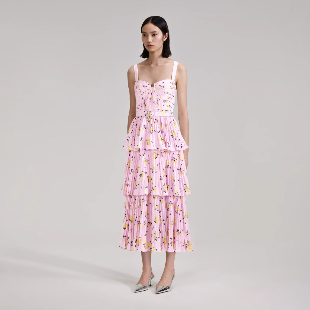 self portrait pink tiered dress Pink Dot Mesh Tier Midi Dress self-portrait-US