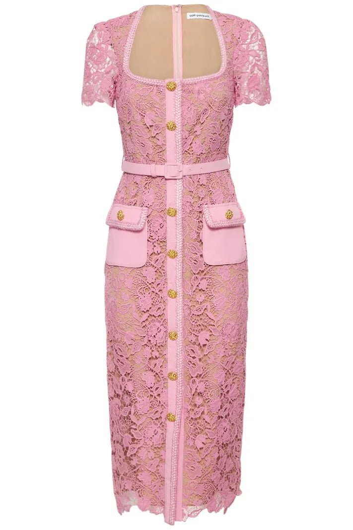 self portrait pink guipure lace midi dress Belted cotton-blend guipure lace midi dress - pink