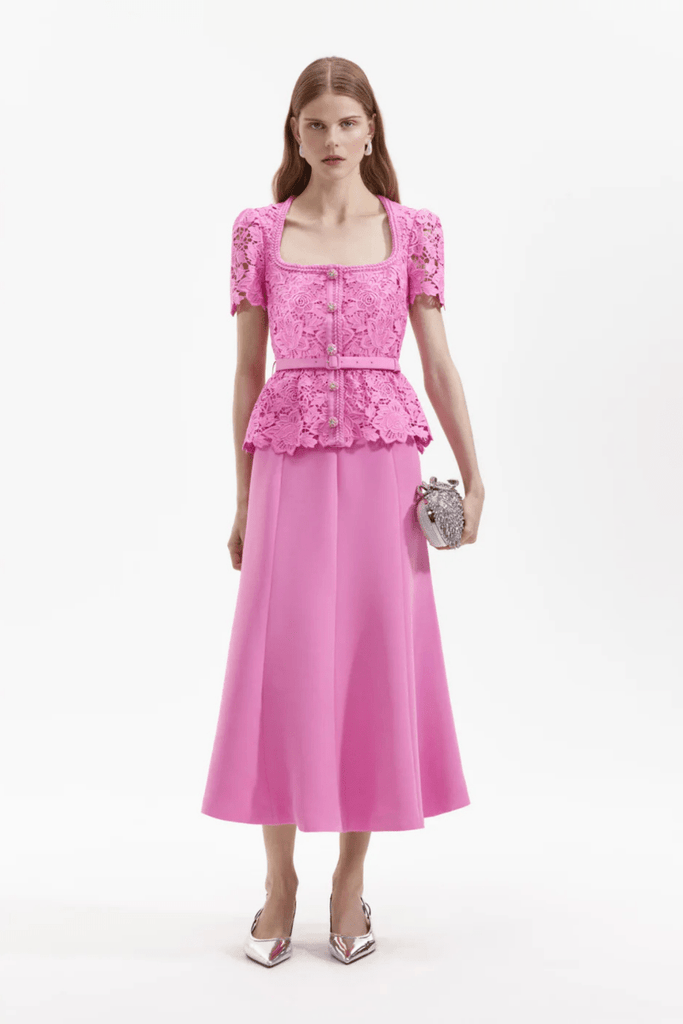 Rent RENT Self - Portrait PINK LACE TAILORED MIDI DRESS (RRP £440) – designer dress hire in UK sizes 8–16 from One Hit Wonders