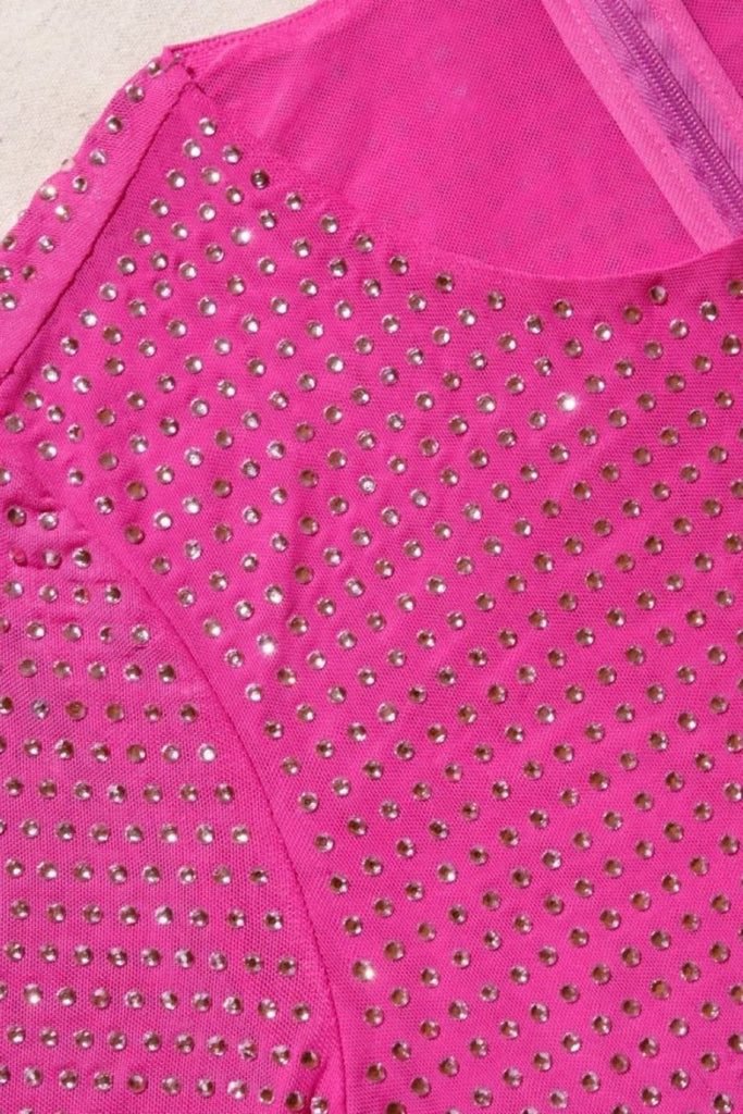 Rent RENT Self Portrait Pink Rhinestone Mesh Midi (RRP £420) – designer dress hire in UK sizes 8–16 from One Hit Wonders