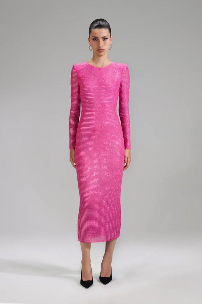 Rent RENT Self Portrait Pink Rhinestone Mesh Midi (RRP £420) – designer dress hire in UK sizes 8–16 from One Hit Wonders