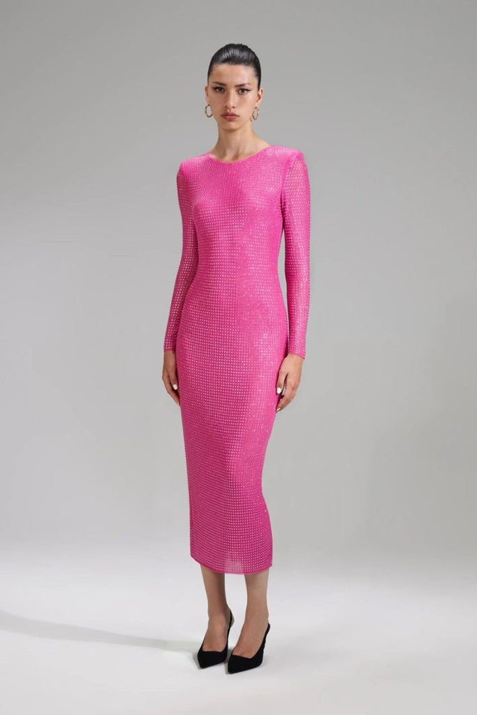 Rent RENT Self Portrait Pink Rhinestone Mesh Midi (RRP £420) – designer dress hire in UK sizes 8–16 from One Hit Wonders