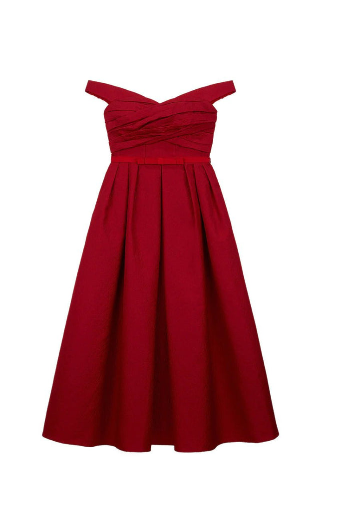 Rent RENT Self Portrait Textured Off Shoulder Midi Dress (RRP £340) – designer dress hire in UK sizes 8–16 from One Hit Wonders