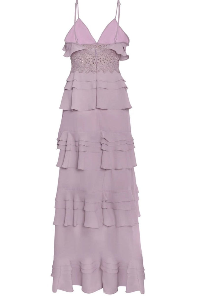Rent RENT Sophia Dusty Lilac Plunge Front - Tiered Ruffle Maxi Dress (RRP £151) – designer dress hire in UK sizes 8–16 from One Hit Wonders