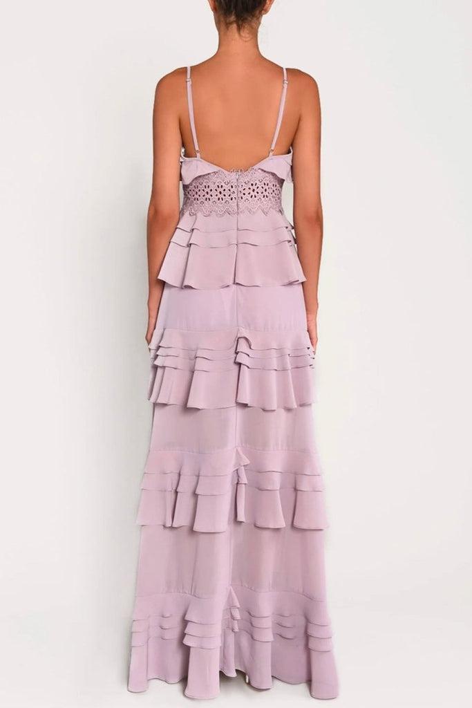 Rent RENT Sophia Dusty Lilac Plunge Front - Tiered Ruffle Maxi Dress (RRP £151) – designer dress hire in UK sizes 8–16 from One Hit Wonders