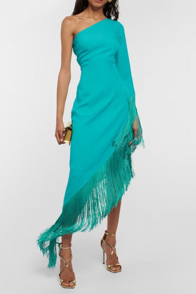 Rent RENT Taller Marmo Aventador asymmetric fringed crepe midi dress (RRP £566) – designer dress hire in UK sizes 8–16 from One Hit Wonders