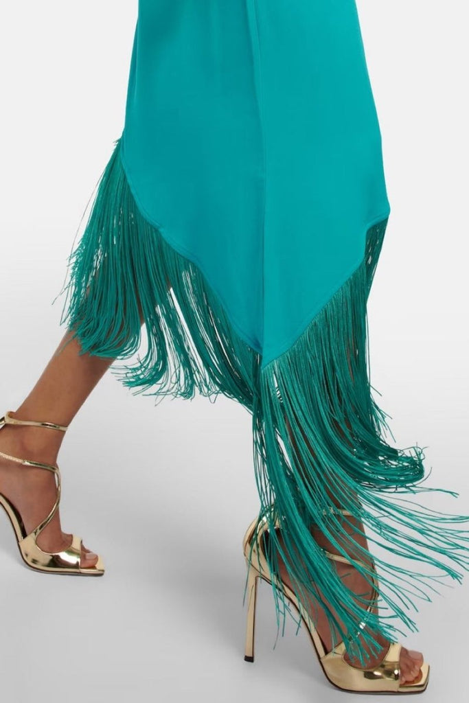 Rent RENT Taller Marmo Aventador asymmetric fringed crepe midi dress (RRP £566) – designer dress hire in UK sizes 8–16 from One Hit Wonders