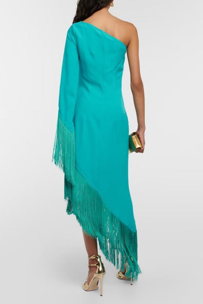 Rent RENT Taller Marmo Aventador asymmetric fringed crepe midi dress (RRP £566) – designer dress hire in UK sizes 8–16 from One Hit Wonders