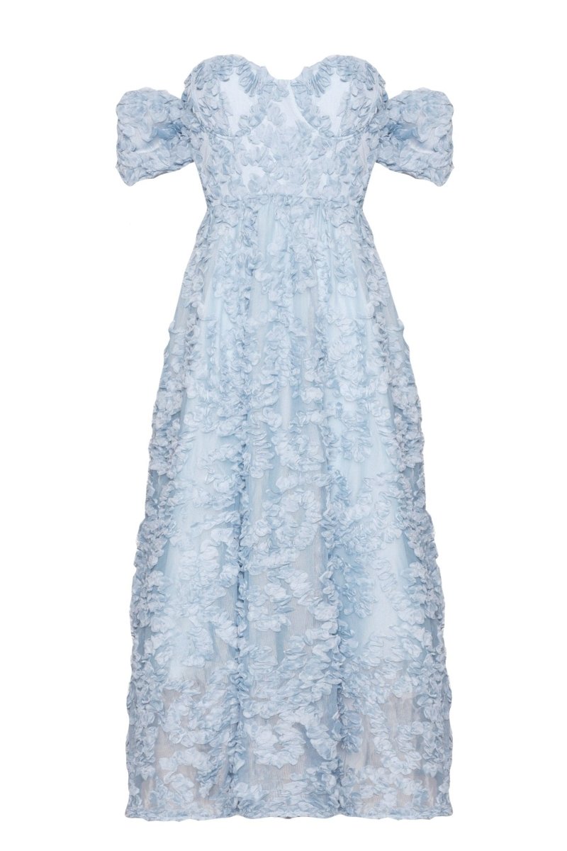 RENT True Decadence Amelia Blue Applique Floral Bardot Midaxi Skater Dress (RRP £190)