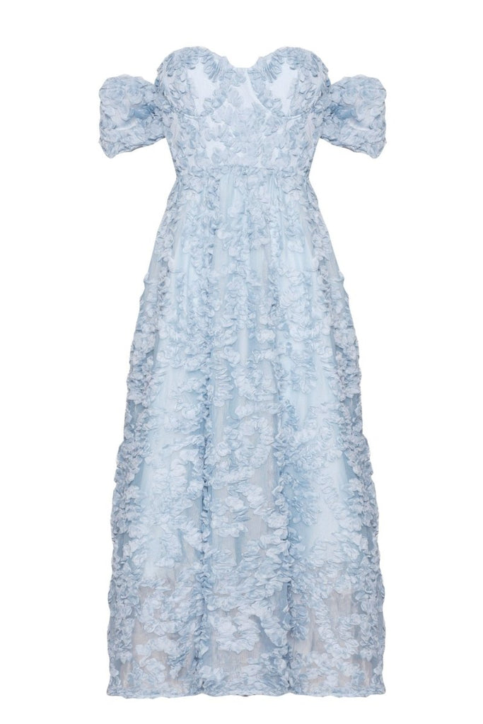 Rent RENT True Decadence Amelia Blue Applique Floral Bardot Midaxi Skater Dress (RRP £190) – designer dress hire in UK sizes 8–16 from One Hit Wonders