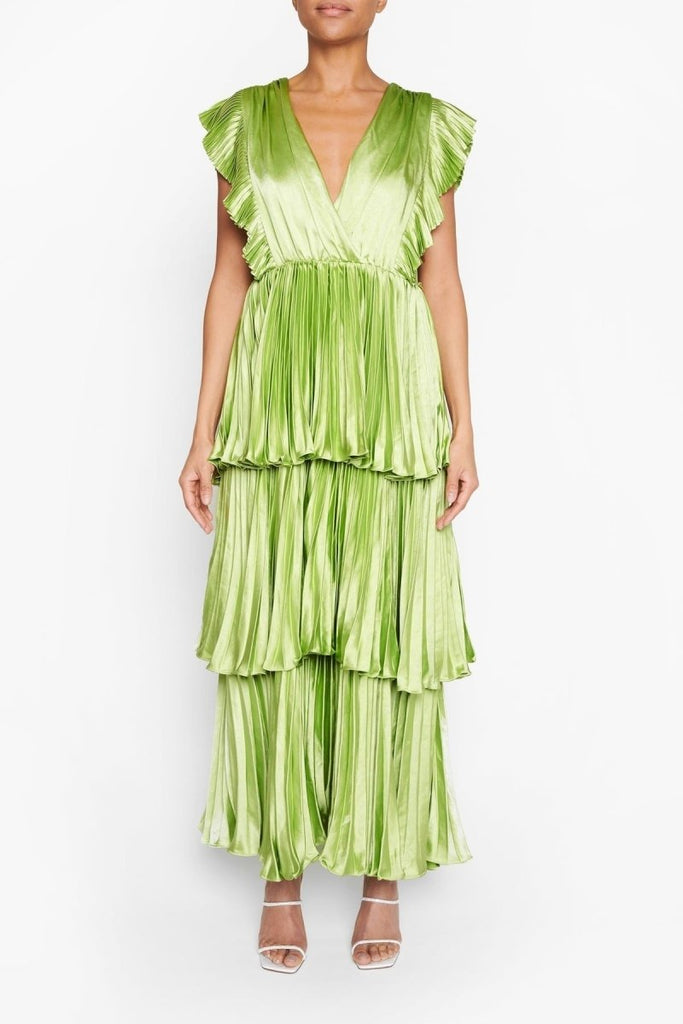 Rent RENT True Decadence Beatrice Soft Lime Satin Pleated Tiered Midaxi Dress (RRP £176) – designer dress hire in UK sizes 8–16 from One Hit Wonders