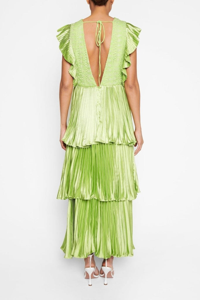 Rent RENT True Decadence Beatrice Soft Lime Satin Pleated Tiered Midaxi Dress (RRP £176) – designer dress hire in UK sizes 8–16 from One Hit Wonders