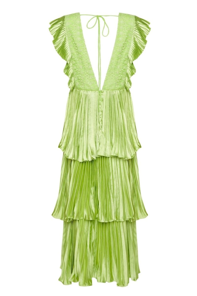 Rent RENT True Decadence Beatrice Soft Lime Satin Pleated Tiered Midaxi Dress (RRP £176) – designer dress hire in UK sizes 8–16 from One Hit Wonders