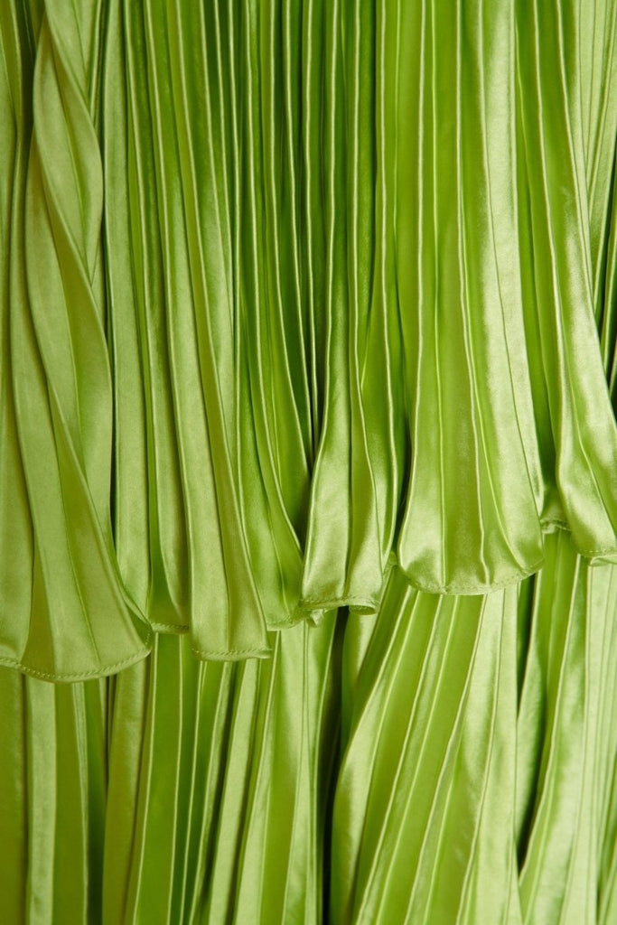 Rent RENT True Decadence Beatrice Soft Lime Satin Pleated Tiered Midaxi Dress (RRP £176) – designer dress hire in UK sizes 8–16 from One Hit Wonders