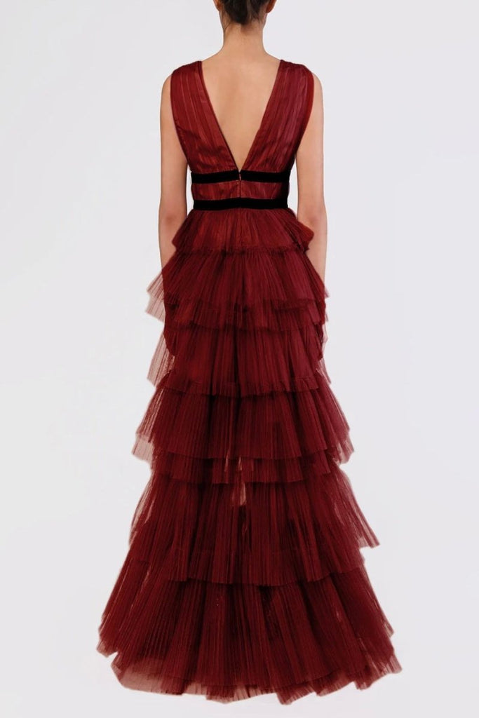 Rent RENT True Decadence Eliza Burgundy Plunging Neck Layered Tulle Skirt Maxi - Dress (RRP £165) – designer dress hire in UK sizes 8–16 from One Hit Wonders