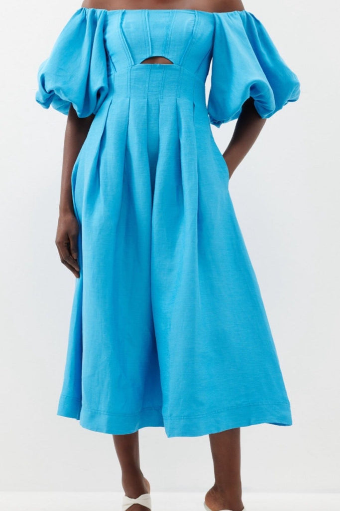 RENT Aje Eugenie off-the-shoulder linen-blend midi dress (RRP £405) - Rent Now from One Hit Wonders