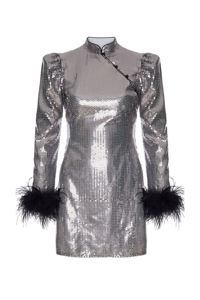 RENT De La Vali Limousine Feather Trim Silver Sequin Mini (RRP £475) - Rent Now from One Hit Wonders