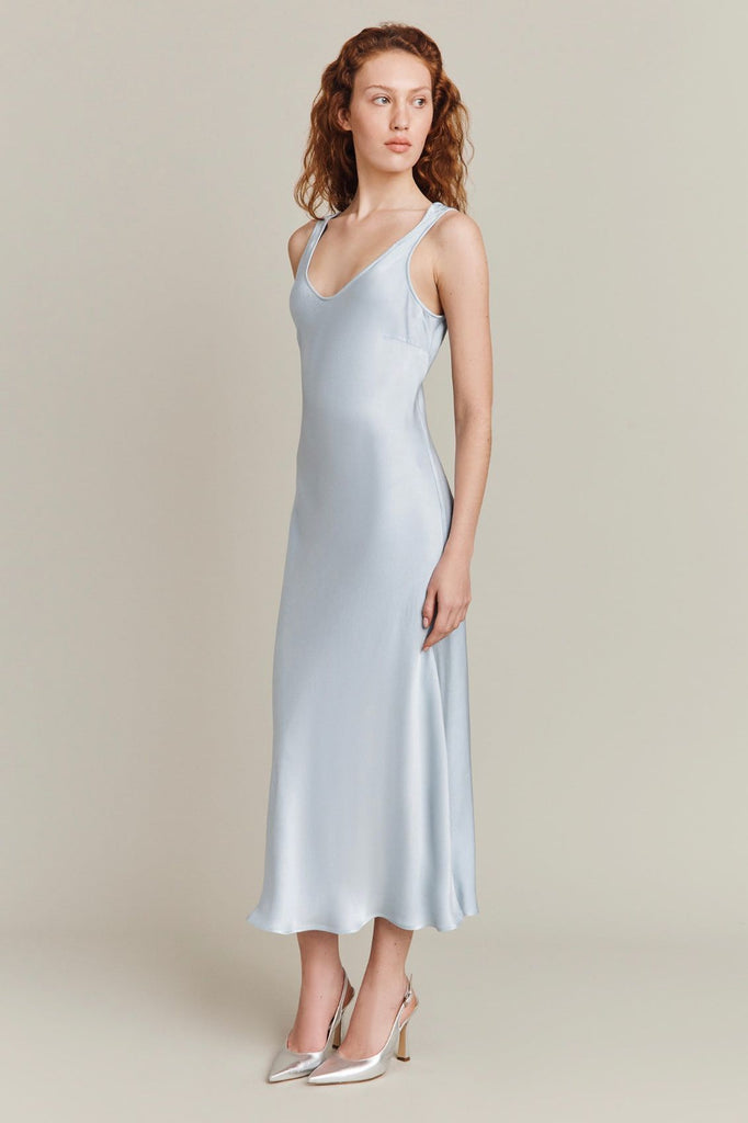 RENT Ghost Chambray Blue Satin Slip Midi Dress (RRP £129) - Rent Now from One Hit Wonders