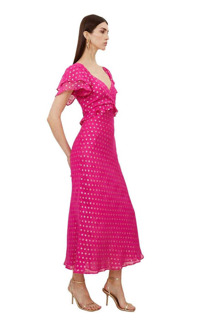 RENT Karen Millen Pink Metallic Viscose Georgette Angel Sleeve Maxi (RRP £89) - Rent Now from One Hit Wonders