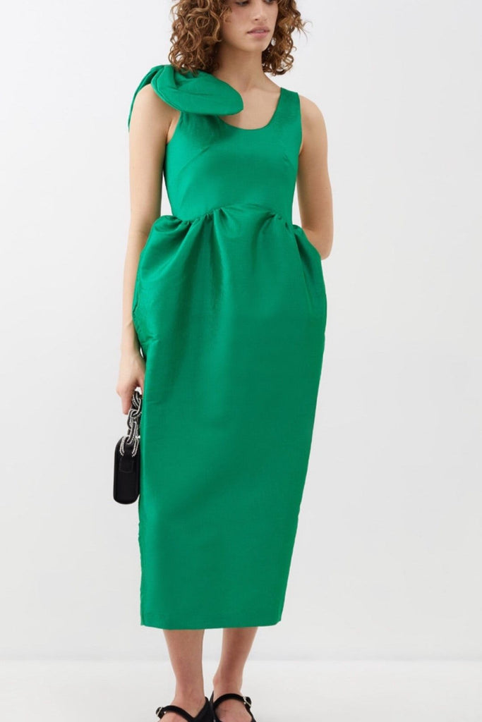 RENT Kika Vargas Green Anne bow-shoulder taffeta midi dress (RRP £575) - Rent Now from One Hit Wonders