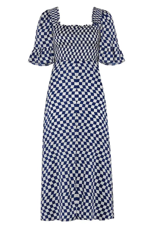 RENT Kitri Arabella Navy Checker Shirred (RRP £165) - Rent Now from One Hit Wonders