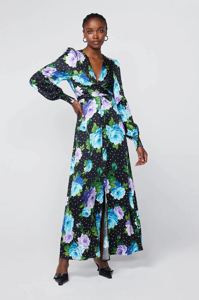 RENT Kitri Aurora Blue Painted Rose Maxi Dress (RRP £195) - Rent Now from One Hit Wonders