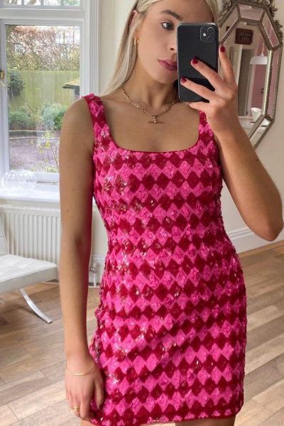 RENT River Island Pink Check Sequin Mini Dress (RRP £90) - Rent Now from One Hit Wonders