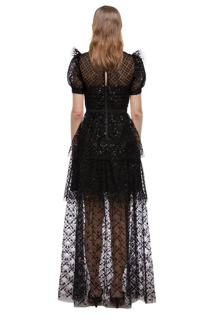 RENT Self Portrait Black Grid Sequin Tiered Maxi (RRP £450) - Rent Now from One Hit Wonders