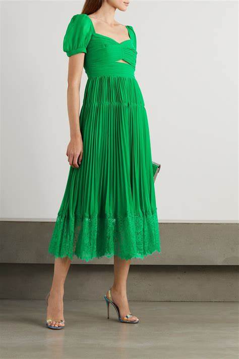 RENT Self Portrait Bright Green Chiffon Cut Out Midi Dress (RRP £330) - Rent Now from One Hit Wonders