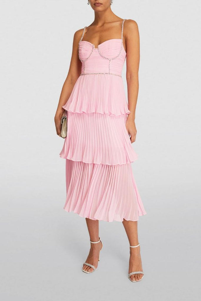 RENT Self Portrait Pink Chiffon Tiered Midi Dress (RRP £380) - Rent Now from One Hit Wonders