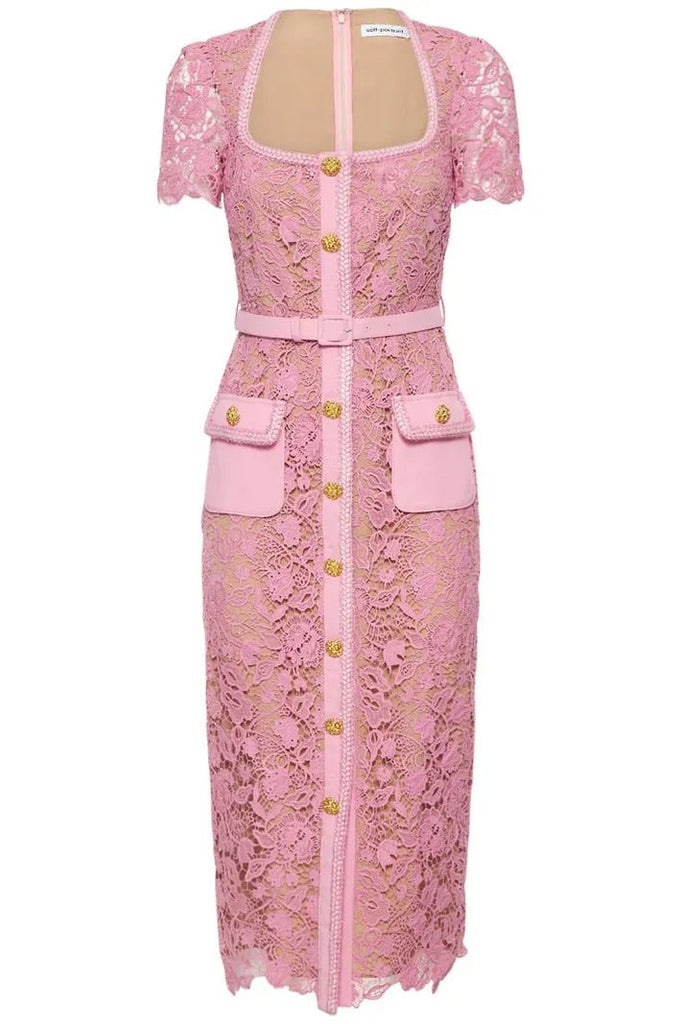 RENT Self Portrait Pink Guipure Lace Midi Dress (RRP £400) - Rent Now from One Hit Wonders